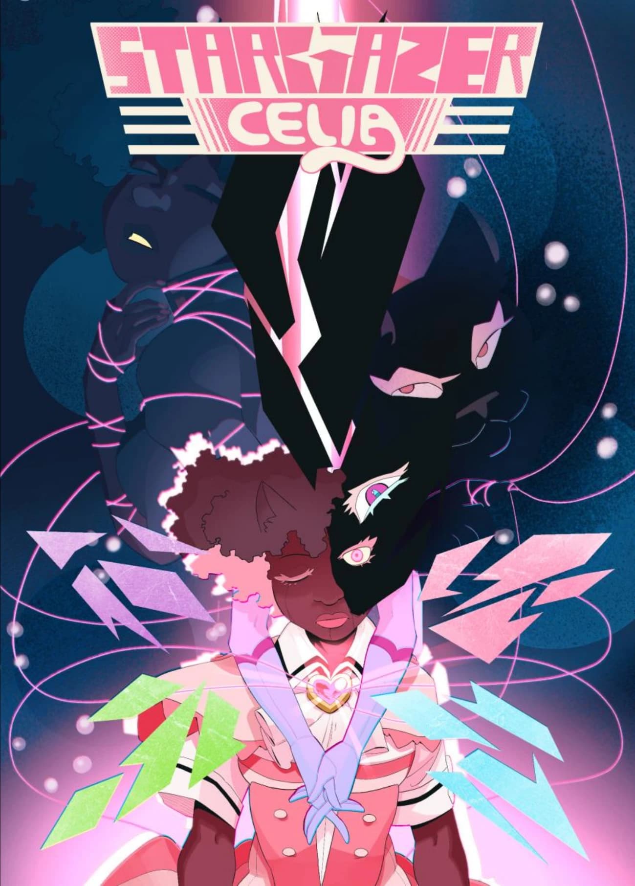 Stargazer Celia cover art: Celia mid-transformation, mirrored by Splendid Dream, the black cat